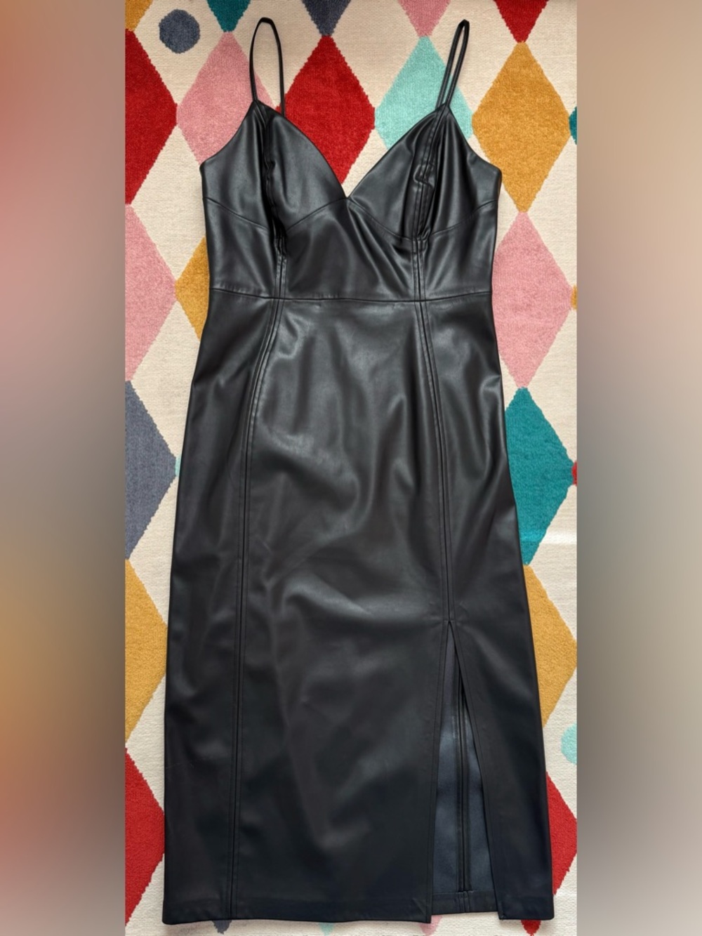 Calvin Klein Black Vegan Leather Midi Slip Dress - Size 6